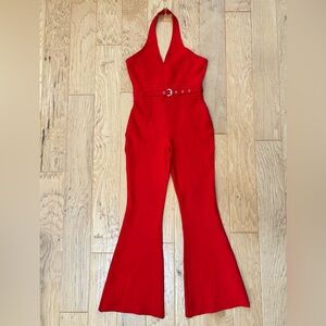 LEO RICCI Body Con Halter Jumpsuit Medium Red Flare Belted